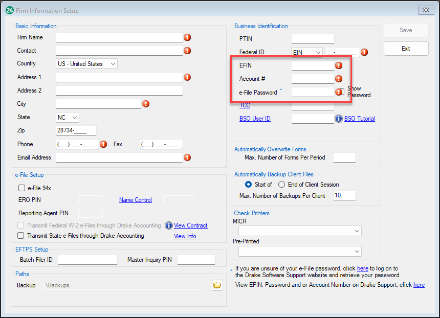 Image of the Firm Information Setup screen.